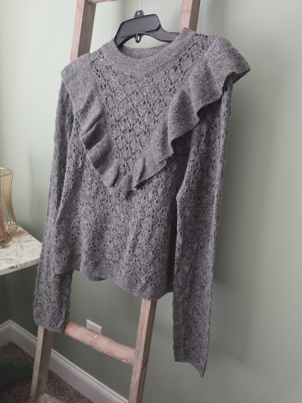American Eagle Outfitters Gray Ruffle Knit Crewneck Sweater